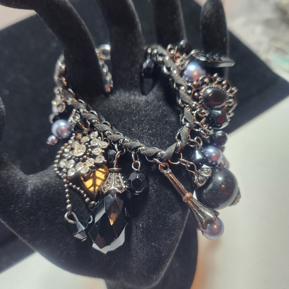Black‎ Gothic Charm Bracelet Gunmetal Crystal Pearl Witchy Victorian Statement